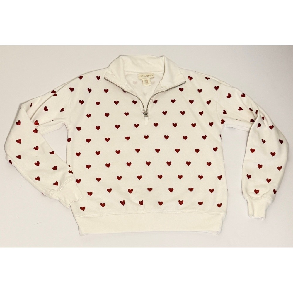 Cynthia Rowley Sweatshirt XS White Glitter Heart Quarter Zip Pullover XS